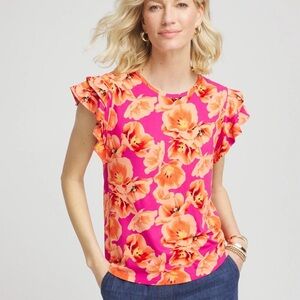 CHICO’s Touch of Cool™ Tropical Flutter Sleeve Tee NWT SIZE L